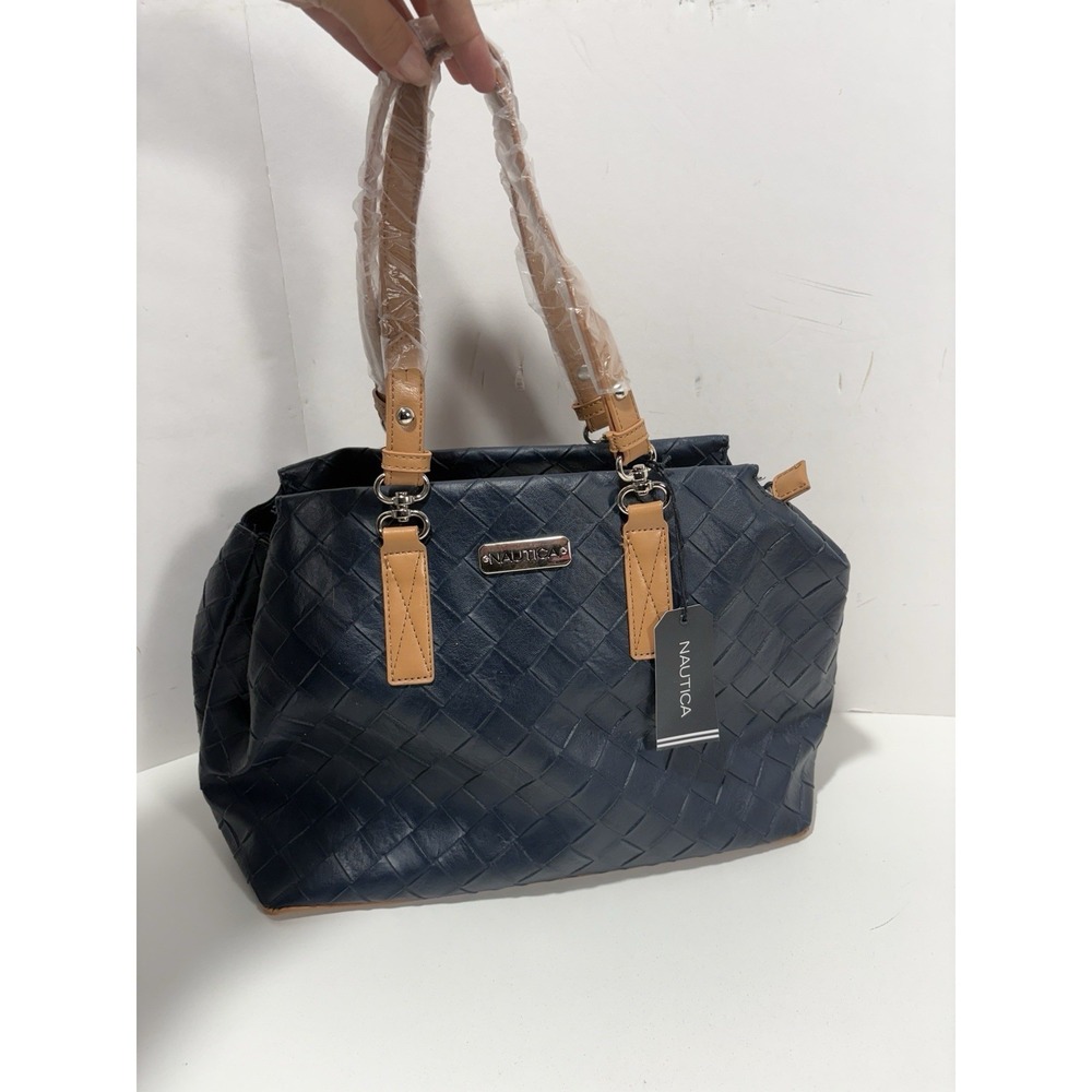 Nautica Satchel Purse – Indigo Blue Woven PU Leather Handbag Tote‎ Brand New!